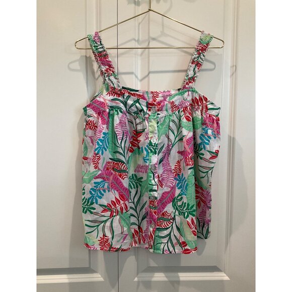 Cynthia Rowley New York tropical top smocked straps button back 100% linen SMALL - Picture 3 of 5